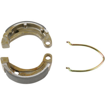 Brake Shoes by Ebc are displayed: two die-cast aluminum brake shoes with bonded linings form a circle on the left, while an original-style spring lies to the right—all set against a plain white background. Suitable for drum brake systems.