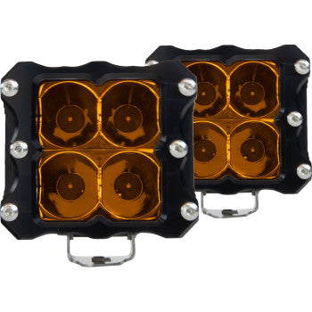 Two Spotlight Amber by Heretic lights are displayed side by side. Each square unit features a black aircraft-grade aluminum housing, amber lens, and four circular CREE LEDs for robust off-road performance.