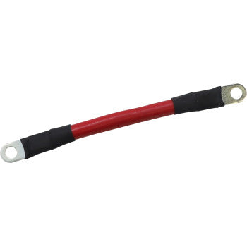 The Battery Cable 4" Red by Moose Offroad is a red 6 gauge stranded copper wire with metal ring terminals and black heat shrink tubing, perfect for UTVs or linking a second battery.