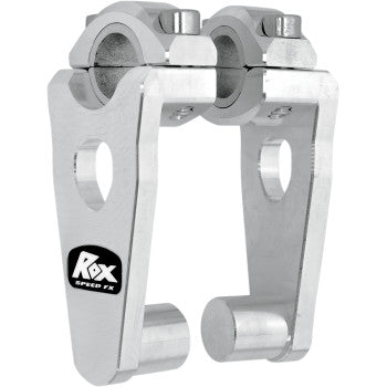 The Elite Pivoting Handlebar Risers by Rox Speed FX fit 7/8" and 1-1/8" handlebars, feature two clamp sections, mounting holes, a silver aluminum finish, and display the Rox Speed FX logo on the side.