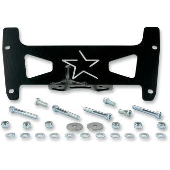 The Rear Frame Support Rhino by Lone Star Racing, made of durable chromoly steel and featuring a cutout star design, is shown alongside an assortment of screws, washers, and nuts for assembly.