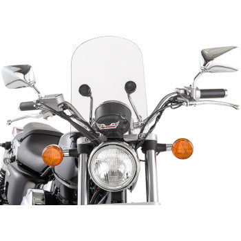 A front view of an American-style motorcycle with the Slipstreamer Tombstone Windshield - 14 - Clear, quick-release system, round headlight, chrome mirrors, orange turn signals, and black handlebars.