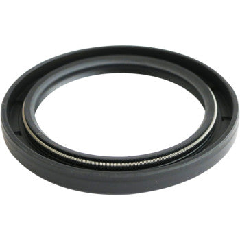 A close-up of the Axle Seal Rear by Epi, a black rubber oil seal featuring a visible metal spring inside, designed for sealing rotating shafts and preventing machinery leaks.