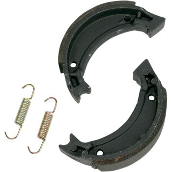 Pair of black curved Yamaha brake shoes with friction lining and two silver coil springs.