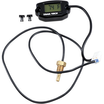 Black digital temperature meter with rectangular display, connected to a long black wire and brass sensor probe with.