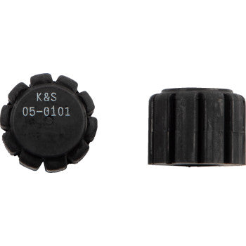 Two black, cylindrical plastic knobs with grooved edges are shown. The left displays K&S 05-0101 in white text; the right is side-viewed. Ideal as OEM replacements—Cushions 2 Pack by K&S Technologies.