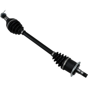 The Can Am Axle Kit Complete 8 Ball Extreme Duty Front Left Commander by All Balls is a black CV axle shaft featuring precision ball bearings, rubber boots, metal joints, and flange for enhanced strength, shown isolated on white.