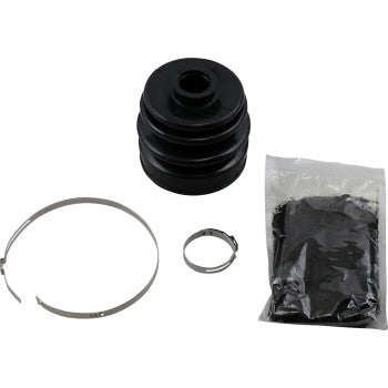 The Boot Kit Heavy Duty Inbound by Demon includes a black neoprene CV boot, two differently sized metal clamps, and a sealed pouch of molybdenum grease—perfect for OEM replacement—all displayed on a white background.