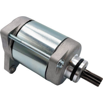 Silver cylindrical electric starter motor with metal housing and a black gear shaft tip.