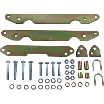 The Honda Lift Kit Lifts 2.00 by Moose Offroad includes metal brackets, plates, U-bolts, nuts, washers, and screws—ideal for increasing clearance on your UTV with a lift or big wheel kit.
