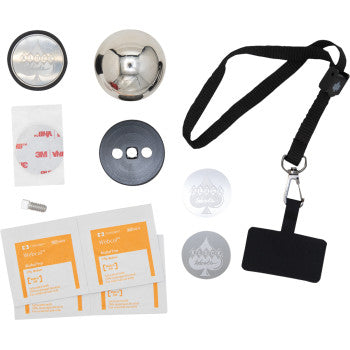 Universal iOmount™ Mount by Klock Werks accessories—including wipes, adhesive pads, magnetic and metal mounts, lanyard, and circular parts—are neatly arranged on a white background.