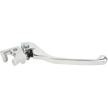 The Brake Lever Polished by Parts Unlimited is a silver metal motorcycle brake lever, ideal as a replacement, and includes a mounting bracket and bolt. It’s shown against a plain white background.