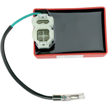 Rectangular black and red Honda Hot Shot CDI box with attached black cable and white four-pin connector.