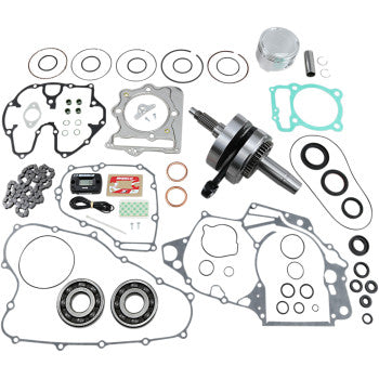 The Honda TRX Engine Rebuild Kit 86.00 mm X by Wiseco includes a crankshaft and rod assembly, gaskets, seals, O-rings, bearings, a forged piston kit, timing chain, and small parts—displayed on a white background.