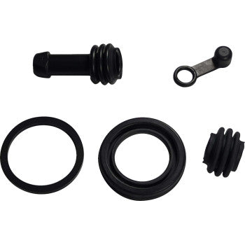 Black rubber and metal front brake caliper rebuild components including seals, boots, and a bleeder screw.