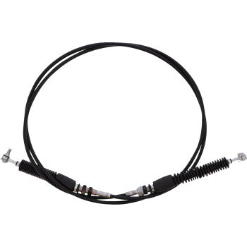 The Polaris Ranger Crew Shift Cable by All Balls features metal fittings, protective end sleeves, a pre-lubricated nylon inner sleeve, and a black PVC jacket, shown coiled in a circle against a white background.