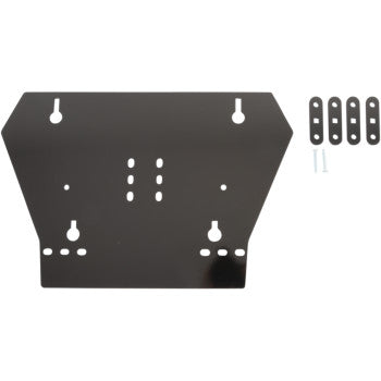 The UTV Click N' Go 2 Plow Mount Bracket by Kimpex includes a black, rectangular metal plate with multiple holes, four smaller brackets, and two screws—compatible with the Click 'N' Go 2 plow system—shown on a white background.