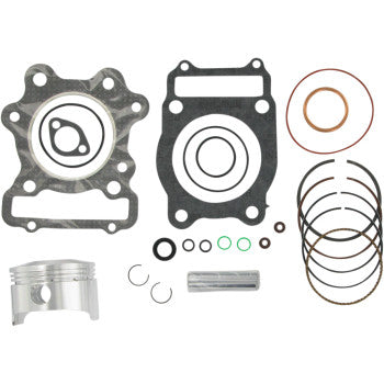 The Honda Piston Kit with Gaskets 74.50 mm by Wiseco includes pistons, gaskets, piston rings, clips, seals, and O-rings displayed on a white background.