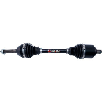 Black heavy-duty front axle with rubber boots and metal joints for Suzuki KingQuad ATV.