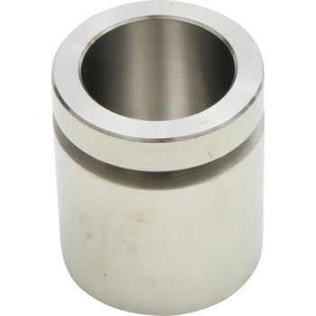 Silver cylindrical metal brake caliper piston with smooth, polished surface and hollow center.