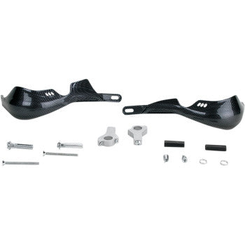 The Pro Guard Reinforced Handguards Carbon by Emgo are black carbon fiber motorcycle handguards with a universal mount kit—aluminum brackets, screws, bolts, and spacers for 7/8" handlebars—displayed on a white background.