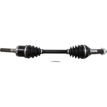 Black metal complete front right axle kit with protective rubber boots and silver hardware components.