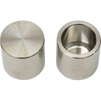 Two cylindrical Brake Caliper Pistons by All Balls, made from precision-machined 304 stainless steel with smooth, shiny surfaces—one with a closed flat top and the other open to show its hollow interior.