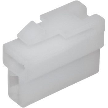 The 250 Series Locking Connector 2 Position Female 5 Pack by Namz features a rectangular, translucent white plastic housing with angled edges and a top latch for secure attachment—perfect for custom connector applications.