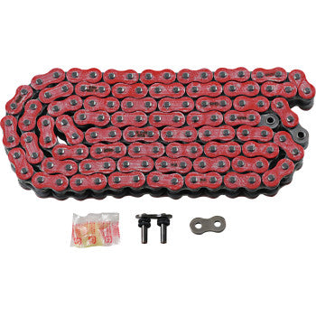 A 530 Max X Chain 120 Links Red by RK, coiled with its high tensile strength, is displayed above a connecting link, two metal pins, and a small packet, all set against a white background.