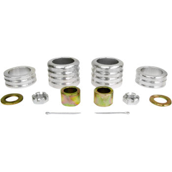 The Lift Kit Front Back 2.00 by High Lifter includes four silver spacers, two gold bushings, two washers, two castle nuts, and a cotter pin—all displayed neatly on a white background.