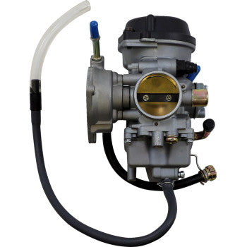 Silver metal carburetor with black top, fuel hose, and visible throttle valve for Suzuki ATVs.