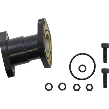 The Yamaha Moose Carburetor Mounting Flange by Moose Offroad in black metal includes a gasket, O-ring, two bolts, two nuts, and two washers—perfect for OEM replacement and enhancing airflow performance.