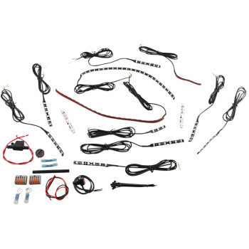 An Indian Engine Accent Light Kit - White by Custom Dynamics is displayed on a white background, featuring multiple LED strip lights, wires, connectors, a control box, battery packs, fuses, and installation accessories.