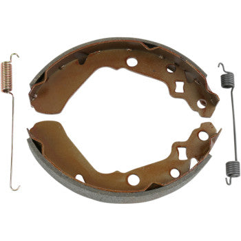 A pair of brown Brake Shoes by Ebc with gray friction lining, plus die-cast aluminum springs—one copper-finished, one silver-finished—displayed neatly on a white background.