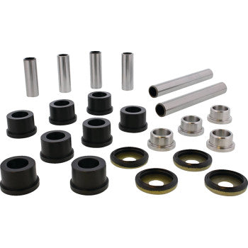 The Suspension Kit Rear by Moose Offroad features assorted metal and black cylindrical bushings, spacers, and rings—perfect for rear suspension bearings—neatly arranged on a white background.