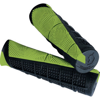 Two black and green ATV Deuce Grips by Scott are displayed, stacked together. Their no-slip textured surface reduces fatigue, enhances comfort, and features a small logo on one end.