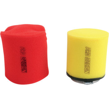 Two cylindrical foam air filters by Pro Design, in red and yellow, labeled "PRO DESIGN." The yellow Honda Replacement Air Filter Pro Flow includes a metal clamp for secure attachment and provides better airflow than the stock filter.