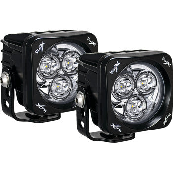 Two black Light Cannon CG2 3" Multi LED Square Clear Lens lights by Vision X, each with four circular lenses and ultra-bright LEDs, are mounted on adjustable brackets and displayed side by side on a white background.