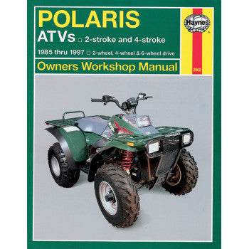 Front cover of the Polaris Manual by Haynes, titled “POLARIS ATVs: 2-stroke and 4-stroke, 1985–1997, Owners Workshop Manual,” with a green Polaris ATV on gray—perfect for engine rebuilds, maintenance, and repairs.