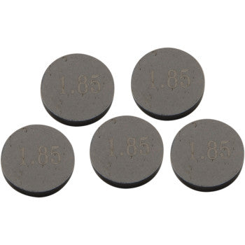 Five round, flat, dark gray Valve Shims (9.48 mm x 1.85 mm) by Prox, packaged in a set of 5 and each engraved with "1.85," ensure precision and consistency for demanding applications.
