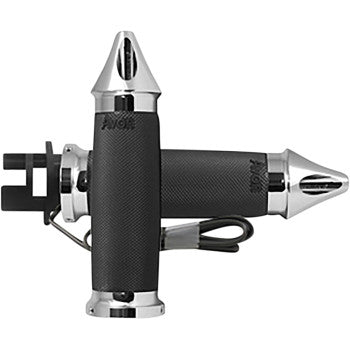 A pair of Indian Heated Grips - Custom Contour - Spike - Chrome by Avon Grips, with pointed ends and wiring, are arranged in a cross shape on a white background.