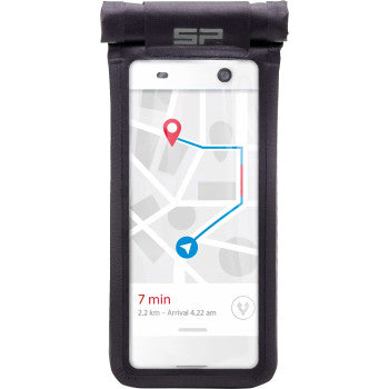 The SPC+ Phone Case Universal Large by Sp Connect is a white smartphone case in a black waterproof pouch, showing a map with route details, and remains MagSafe compatible for magnetic attachment and wireless charging.