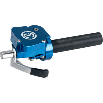 The Dual Gasser Throttle Blue by Moose Offroad features a blue anodized finish, black handle, silver lever arm, and a white logo—an ideal match for your billet aluminum throttle setup.