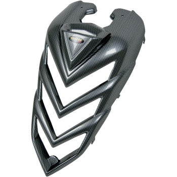 The Hood Cover YFMR Black Carbon Fiber by Maier is a black, textured front shield with a carbon fiber pattern, chevron-shaped cutouts, and high-density polyethylene construction for premium quality bodywork.