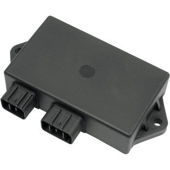 The Yamaha Hot Shot CDI Box by Ricks Motorsport Electric is a rectangular black unit with two connector ports and side mounting holes, engineered for high RPM performance and precise advance, shown on a white background.