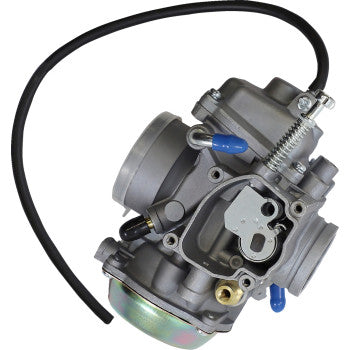 Silver metal Polaris replacement carburetor with black hose and blue adjustment screws.