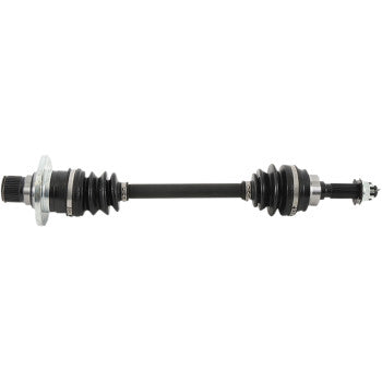 The Suzuki KingQuad Axle Kit Complete 8 Ball Extreme Duty Rear Left & Right by All Balls features a black chromoly shaft, precision ball bearings, rubber boots at both ends, and metal joints for enhanced axle performance.