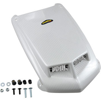 The Honda TRX 450R ATV Hood Cover White Carbon by Maier features a mesh vent, OE color-matched finish, Maier USA logo on top, and comes with mounting hardware like bolts, washers, and rubber grommets.