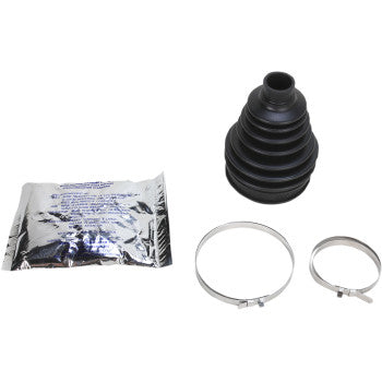 The CV Boot Kit Front & Rear Inboard Outboard Front Left Outboard by Epi includes a black rubber CV boot, a silver foil molybdenum disulfide grease packet, and two different-sized metal clamps, displayed on a white background.