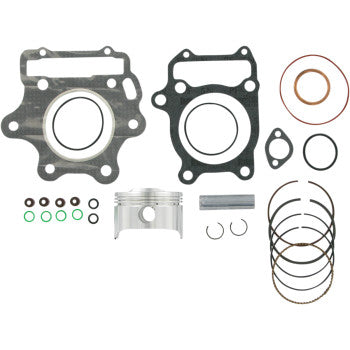 The Honda Piston Kit with Gaskets 74.00 mm by Wiseco includes metal gaskets, piston kit parts, piston rings, seals, clips, and a metal pin—neatly displayed on a white background.